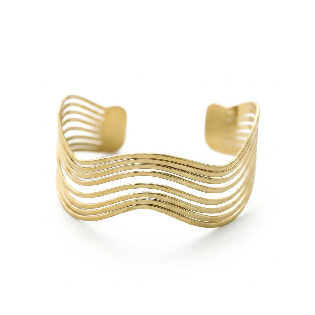QIAOREN 14112 Stainless Steel Wave Open Cuff Bracelet Gold Minimalist Layered Waterproof Jewelry OEM ODM