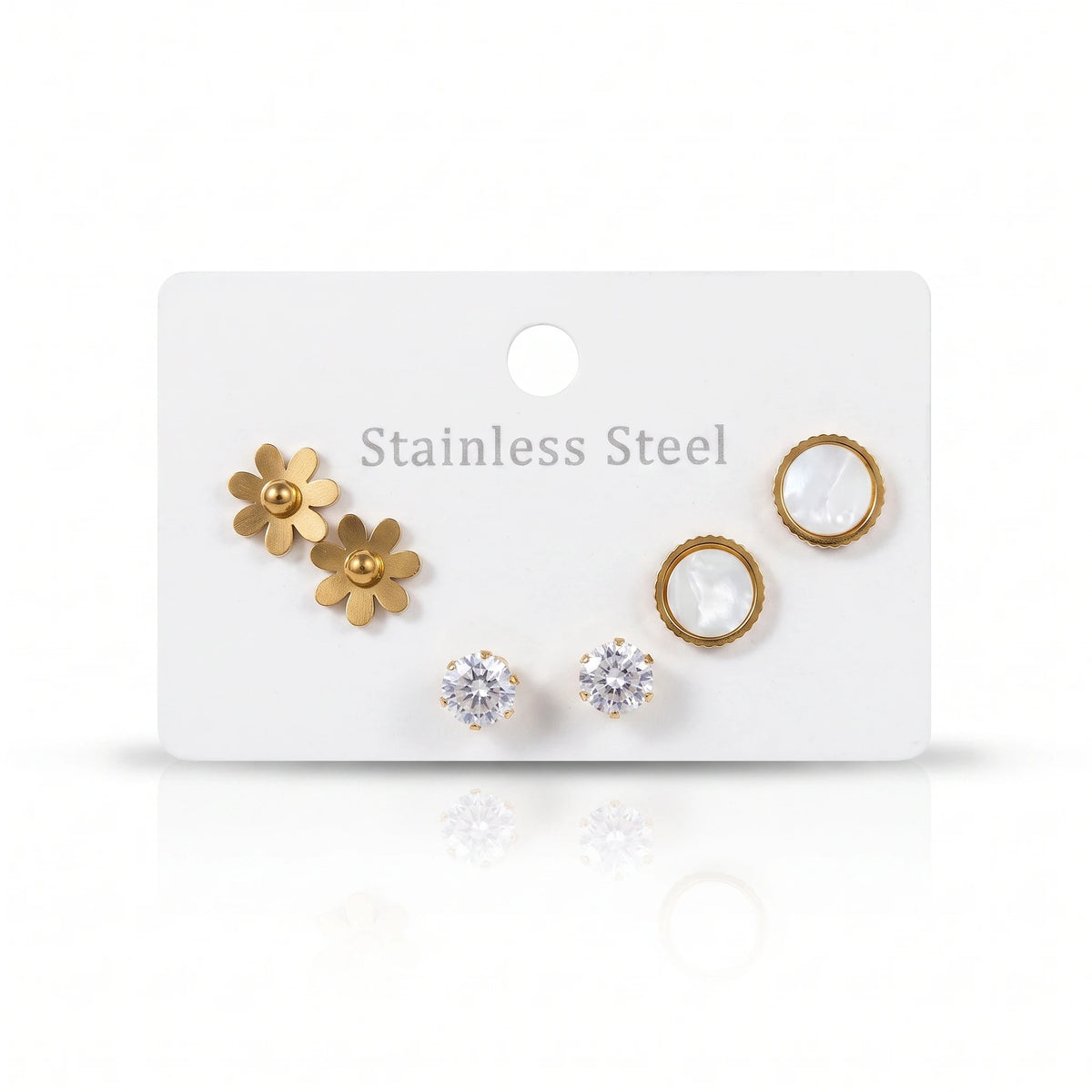 QIAOREN 14467 3 Pair Gold Stainless Steel Stud Earrings Set, Matte Flower Studs, Round Quartz Studs & Prong Set CZ Studs