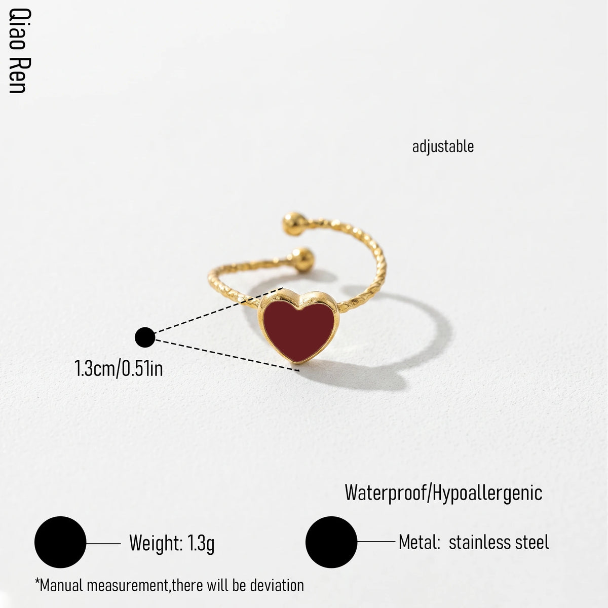 QIAOREN 14158-64 Multi-Color Enamel Heart Ring Set, Irregular Textured Love Shape Adjustable Ring Jewelry Gift for Daily Outfits