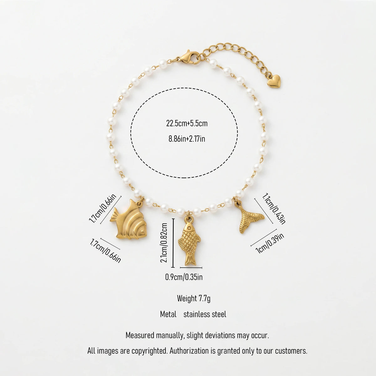 QIAOREN 13335 Ocean Themed Pearl Anklet with Flat Fish, Scaled Fish & Mermaid Tail Charms, Beach Holiday Foot Jewelry Gift