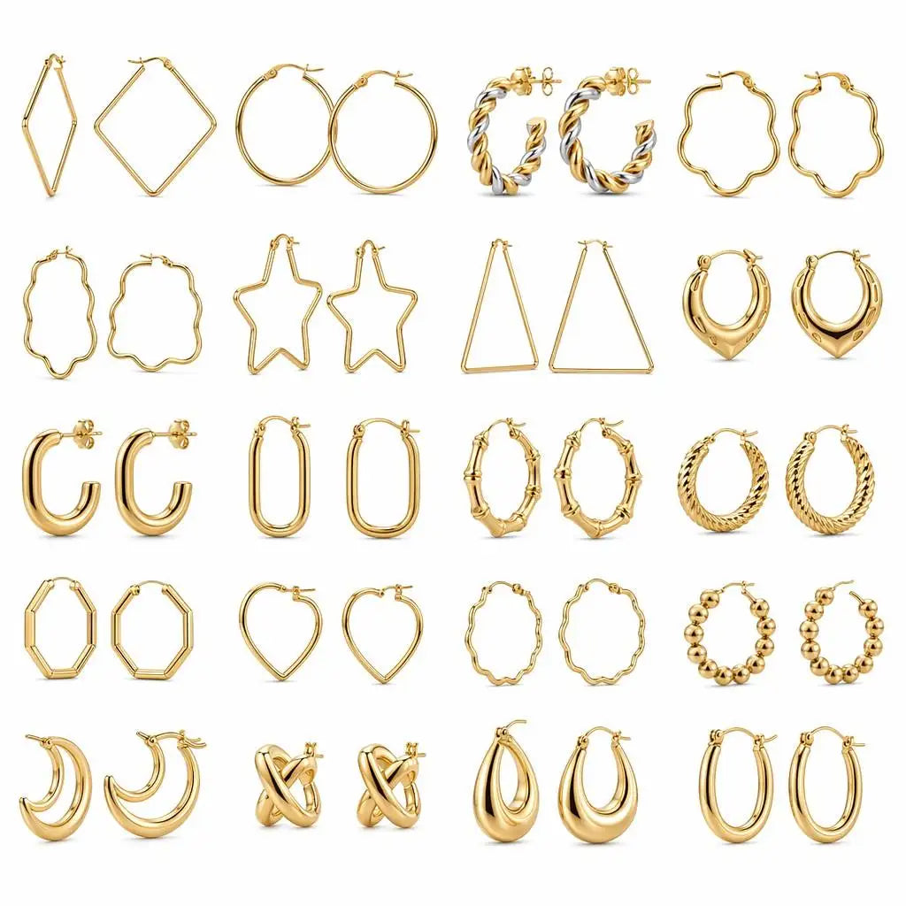 QIAOREN New  18K Gold Plated Stainless Steel Women Zircon  Hoop Earrings Set Fashion Jewelry Clip Stud Earrings