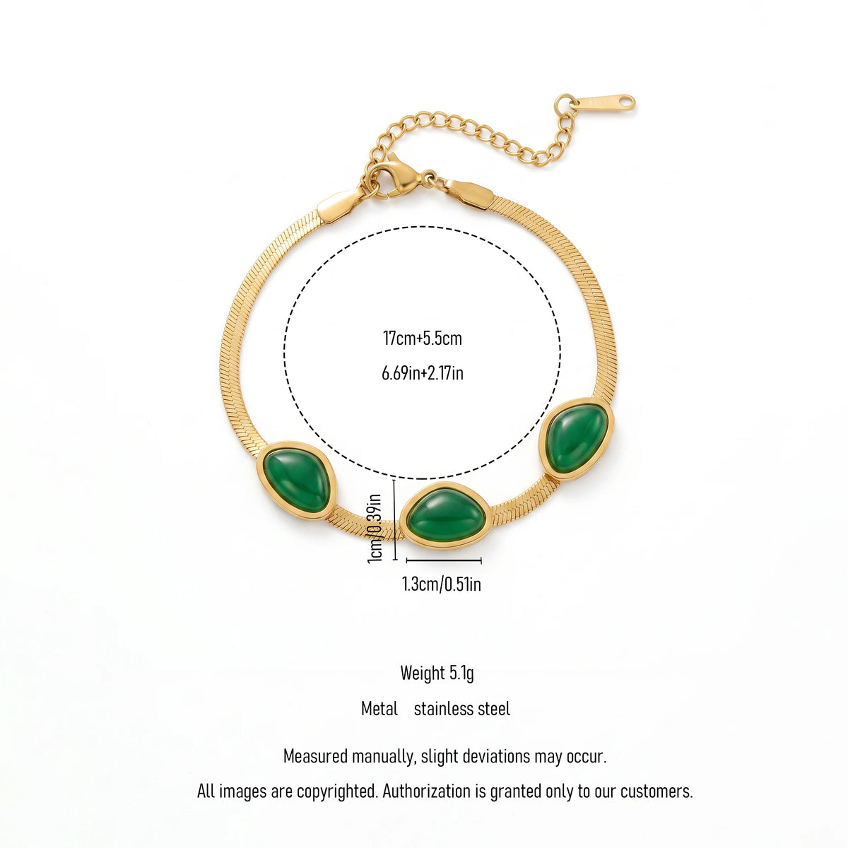 QIAOREN 13354 Gold Plated Stainless Steel Green Stone Herringbone Bracelet Minimalist Dainty Jewelry for Women