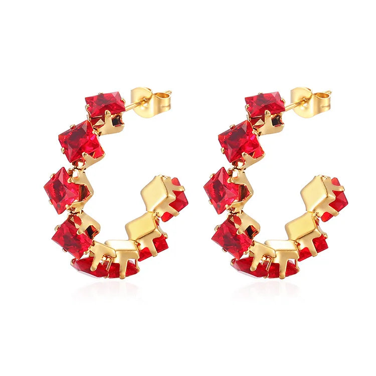 QIAOREN 12208-16  Gold Plated Stainless Steel Rainbow Square CZ Huggie Hoop Earrings