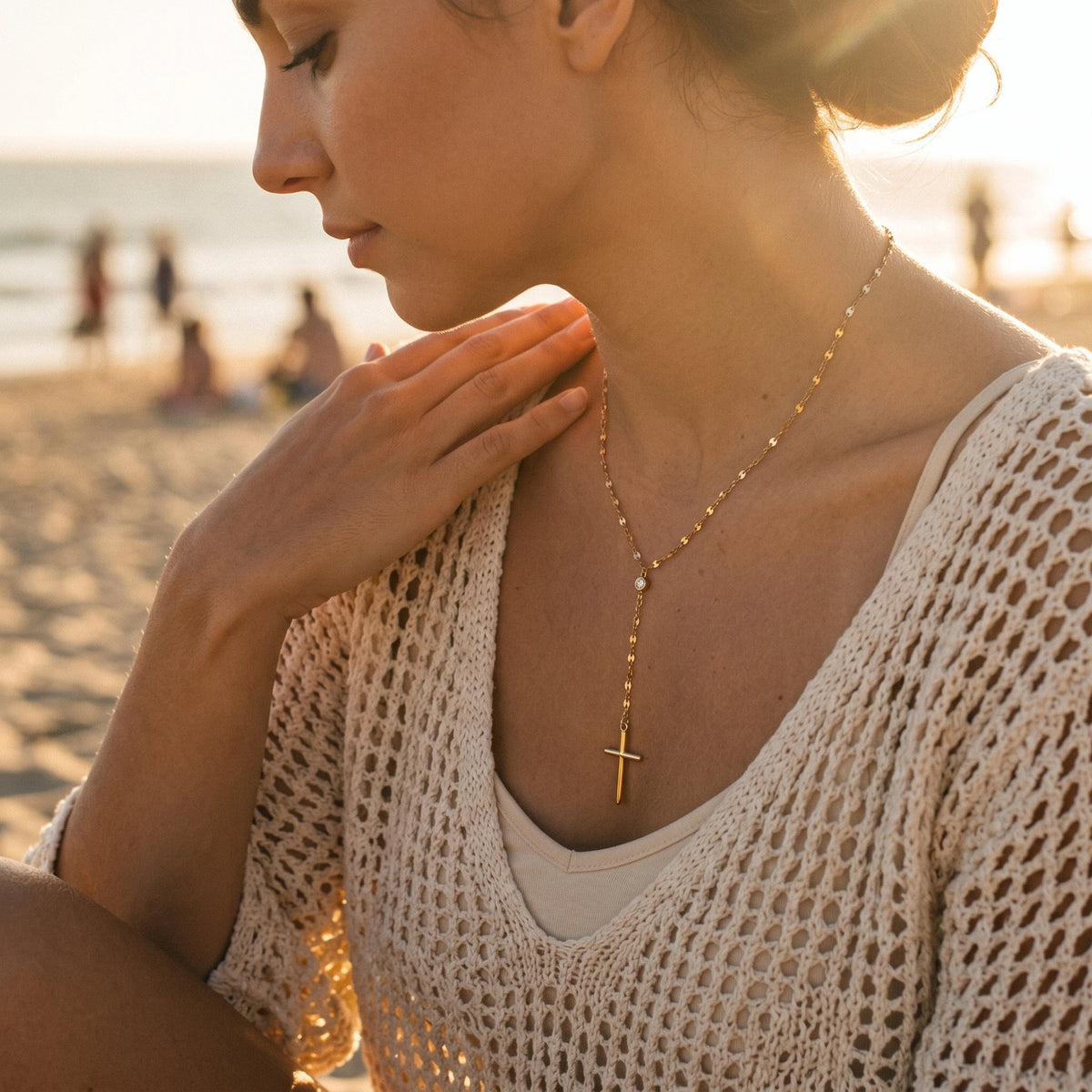QIAOREN 11312 Waterproof 18K Gold Plated Cross Lariat Necklace Stainless Steel Beach Sunset Faith Jewelry for Women
