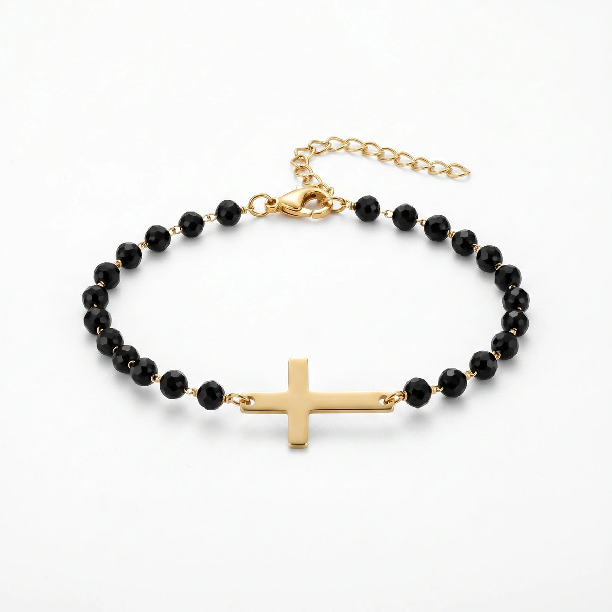 QIAOREN 12892 18K Gold Plated Sideways Cross Bracelet, Waterproof Tarnish Free Stainless Steel Black Bead Rosary Jewelry Women