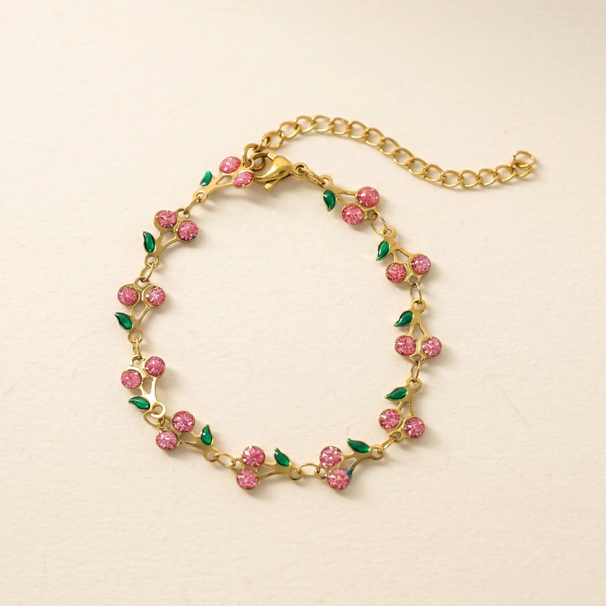 QIAOREN 12224-33 Waterproof Stainless Steel Gold Cherry Bracelet Pink Rhinestone Leaf Charm Bracelet for Women