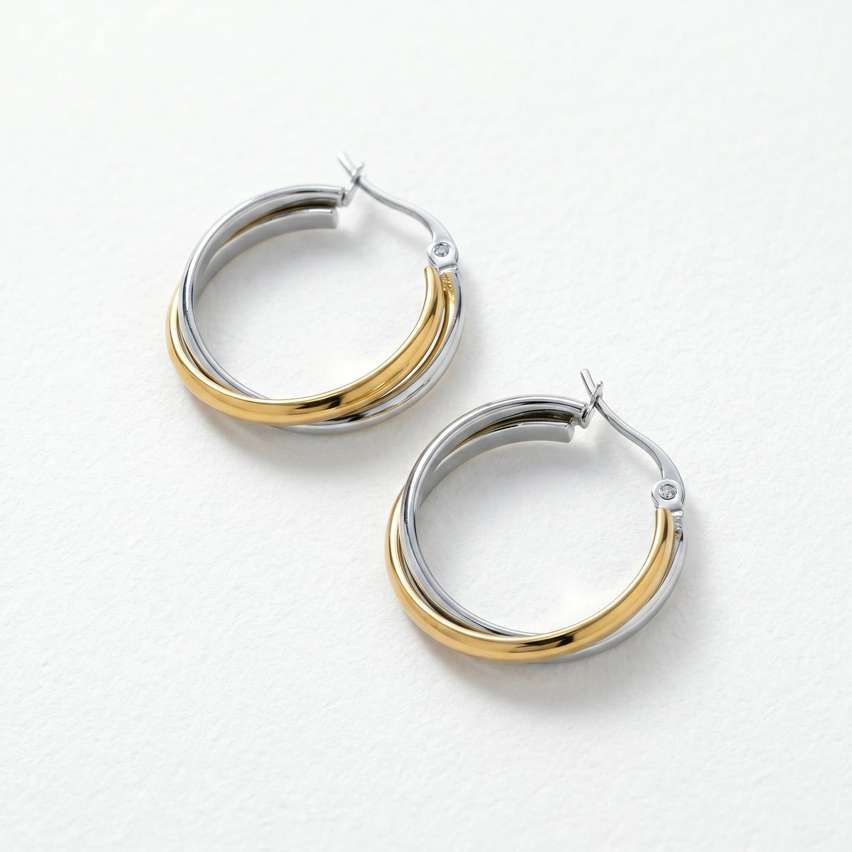 QIAOREN 12399Interlocking Crossover Hoop Earrings Gold Silver Two Tone Overlapping Double Band Stainless Steel Large Hoops US EU