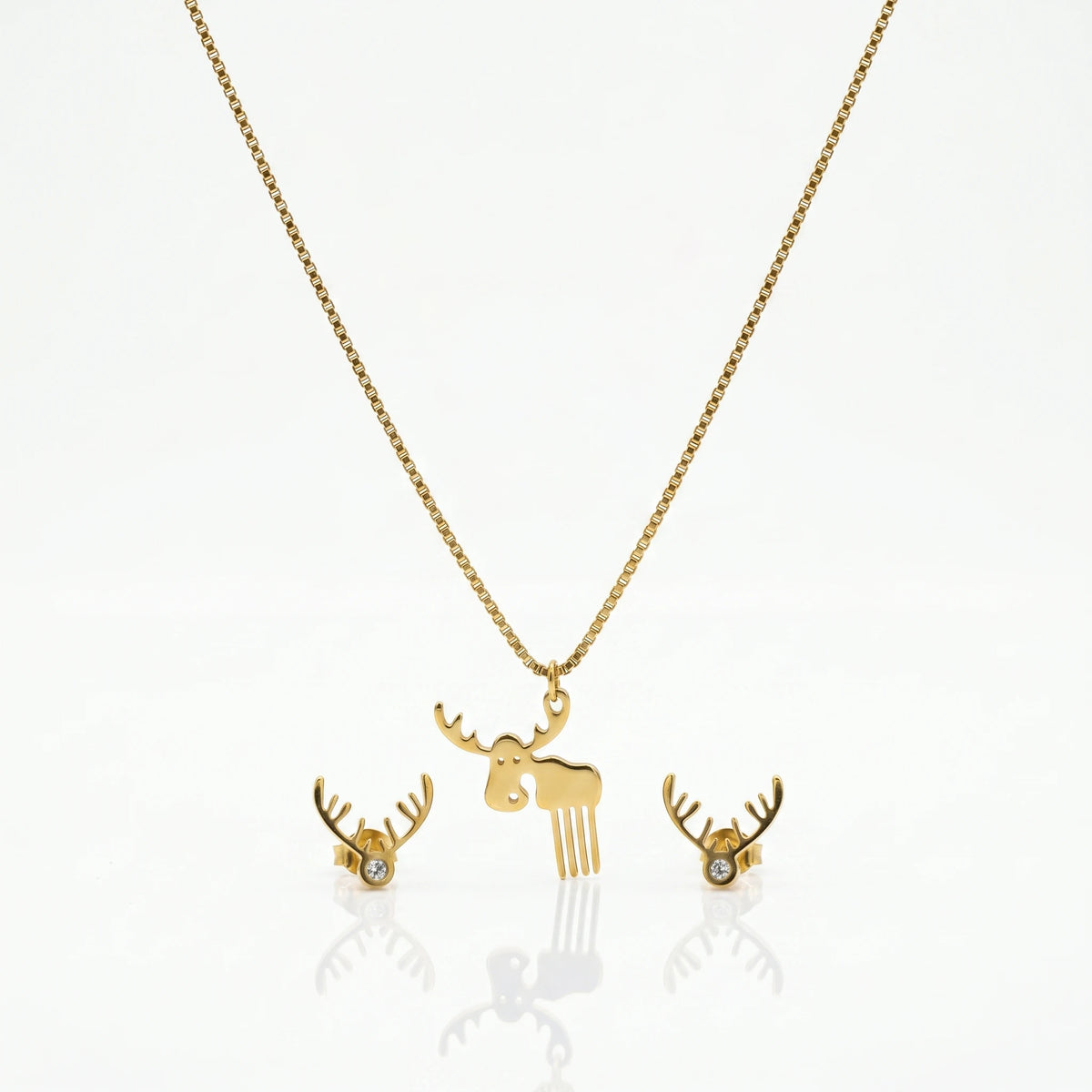 QIAOREN 11878 Waterproof Cute Moose Jewelry Set 18K Gold Stainless Steel Pendant Necklace Matching Antler Stud Earrings