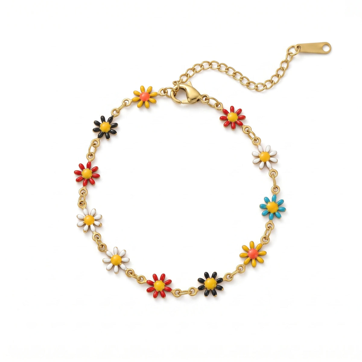 QIAOREN 13355 Gold Plated Stainless Steel Colorful Daisy Flower Bracelet Enamel Boho Summer Jewelry for Women