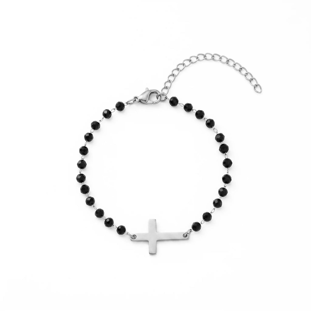 QIAOREN 12892 18K Gold Plated Sideways Cross Bracelet, Waterproof Tarnish Free Stainless Steel Black Bead Rosary Jewelry Women