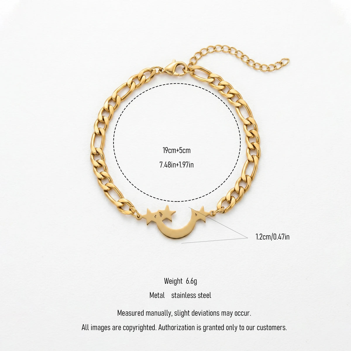 QIAOREN 11734 Tarnish Free 18K Gold Stainless Steel Moon & Star Anklet Cuban Chain Adjustable Foot Chain