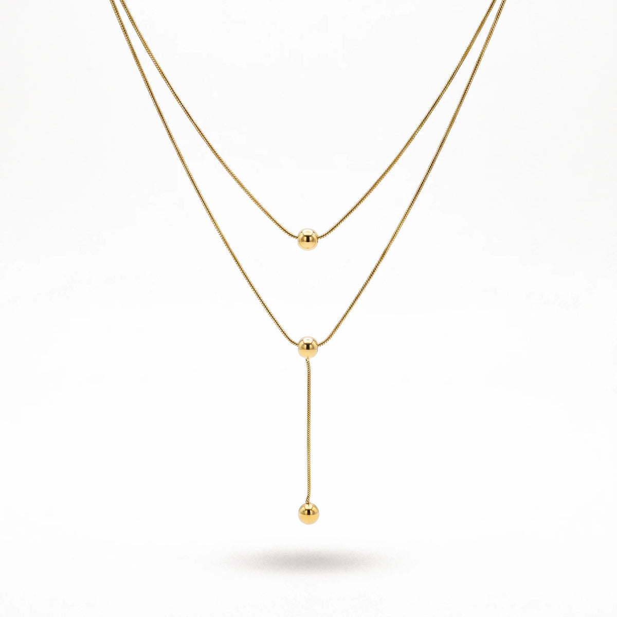 QIAOREN 13462 Minimalist Double Layer Snake Chain Necklace with Sliding Round Ball Pendants, Dainty Simple Neck Jewelry Gift