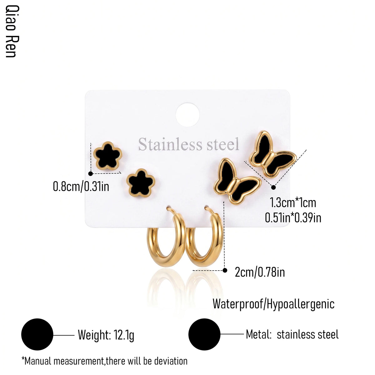 QIAOREN 14473 3 Pair Gold Stainless Steel Earrings Set, Quartz Inlay Flower Studs, Shell Butterfly Studs & Smooth Huggie Hoops