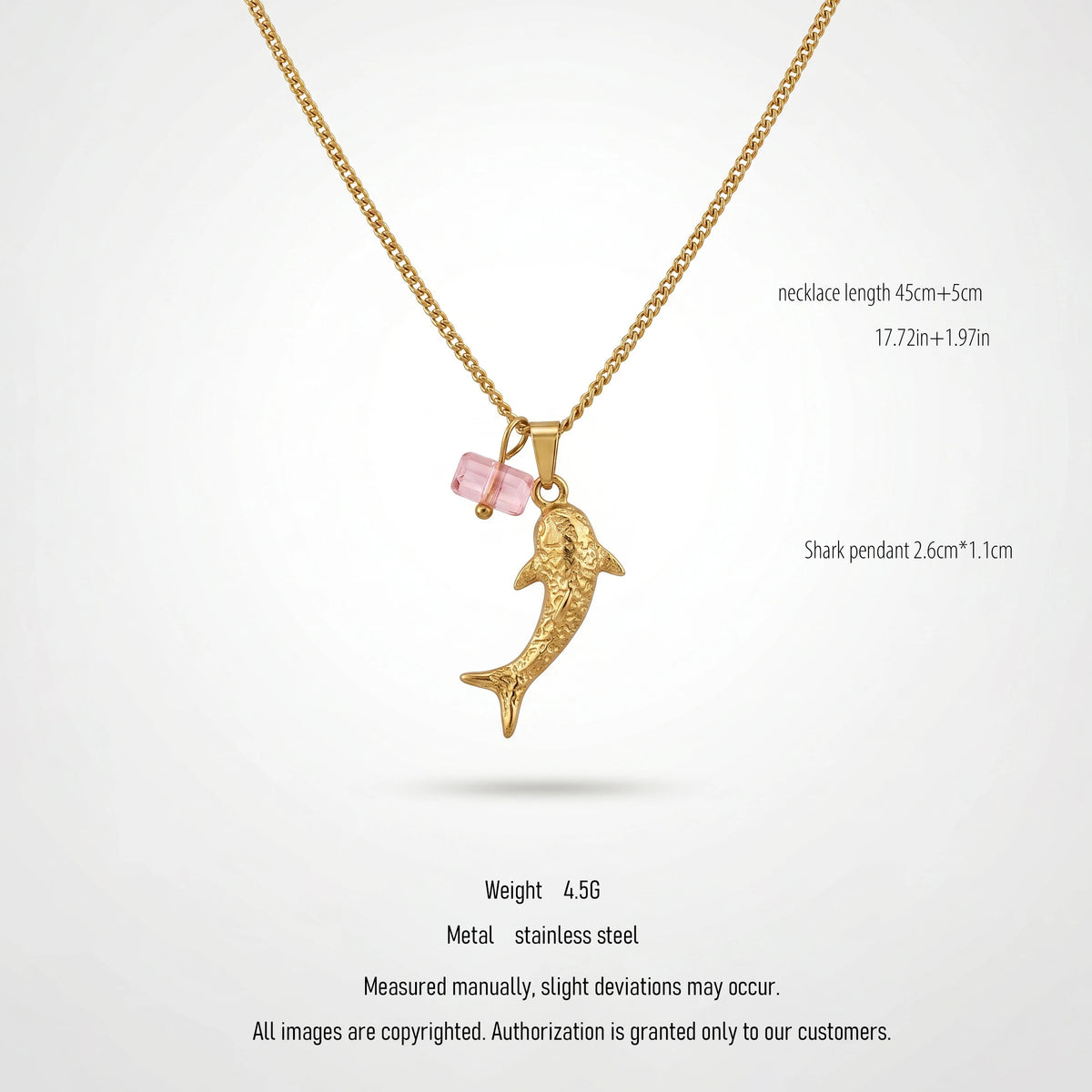QIAOREN Trendy Shark Pink Pendant Necklace Unisex 18K Gold Stainless Steel Link Chain Hypoallergenic Fashion Jewelry Wholesale