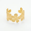 QIAOREN 12728 Vintage Interconnected Veined Quadrifoliate Floral Wide Cuff Bangle Hypoallergenic Stainless Steel Gold Bracelet