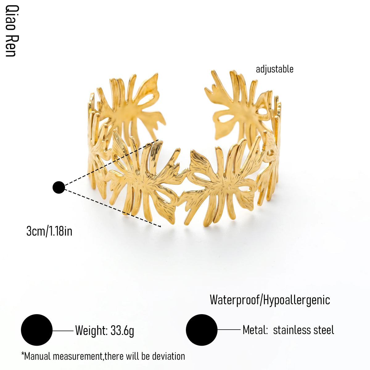 QIAOREN 14098 Stainless Steel Floral Open Cuff Bracelet Adjustable Waterproof Hypoallergenic Jewelry OEM ODM
