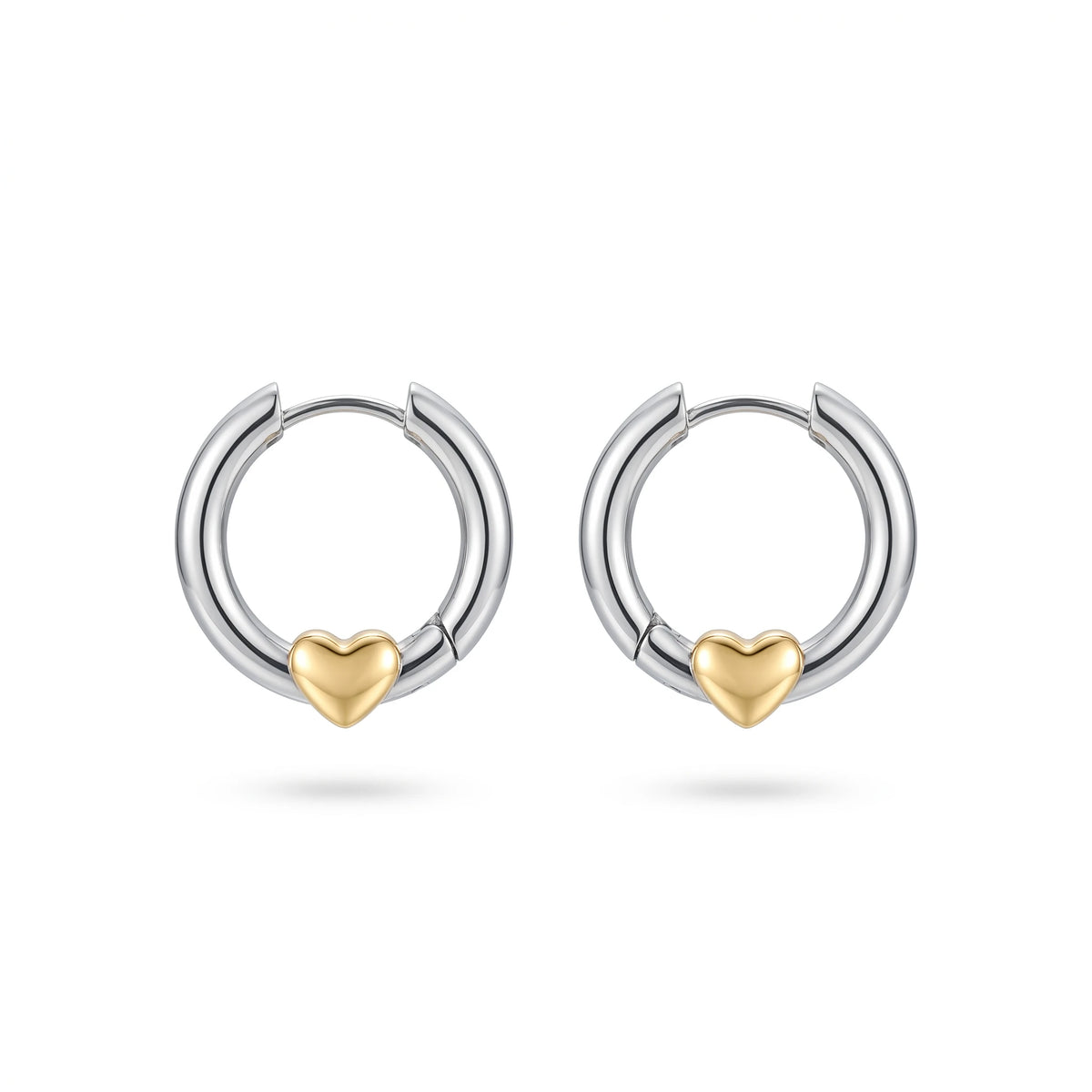QIAOREN 12756 Hypoallergenic Silver Huggie Hoop Earrings With Gold Heart Charm Stainless Steel Contrast Ear Jewelry