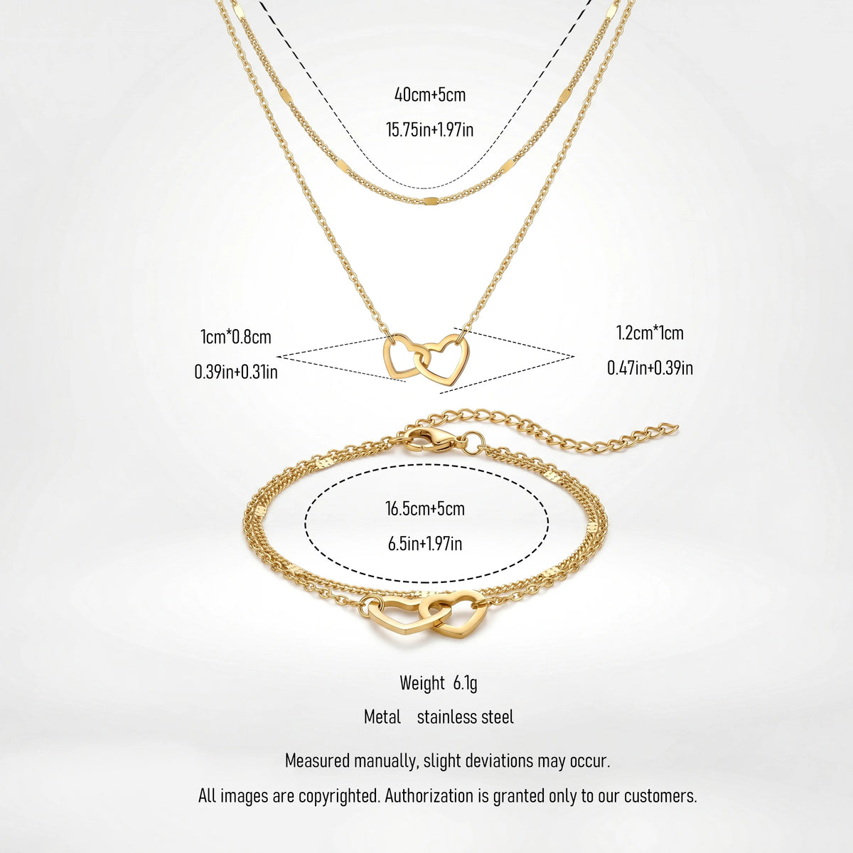 QIAOREN 11509 Fade Resistant Waterproof 18K Gold Plated Stainless Steel Interlocking Hearts Jewelry Set