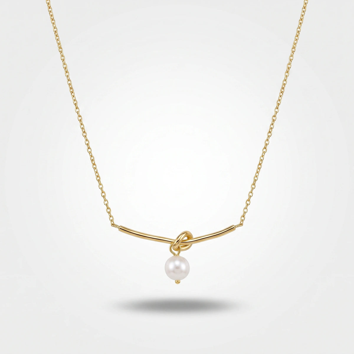 QIAOREN 13724 Thin Link Chain Necklace with Bar Knot Pendant Hanging Single White Freshwater Pearl, Gold Plated Jewelry