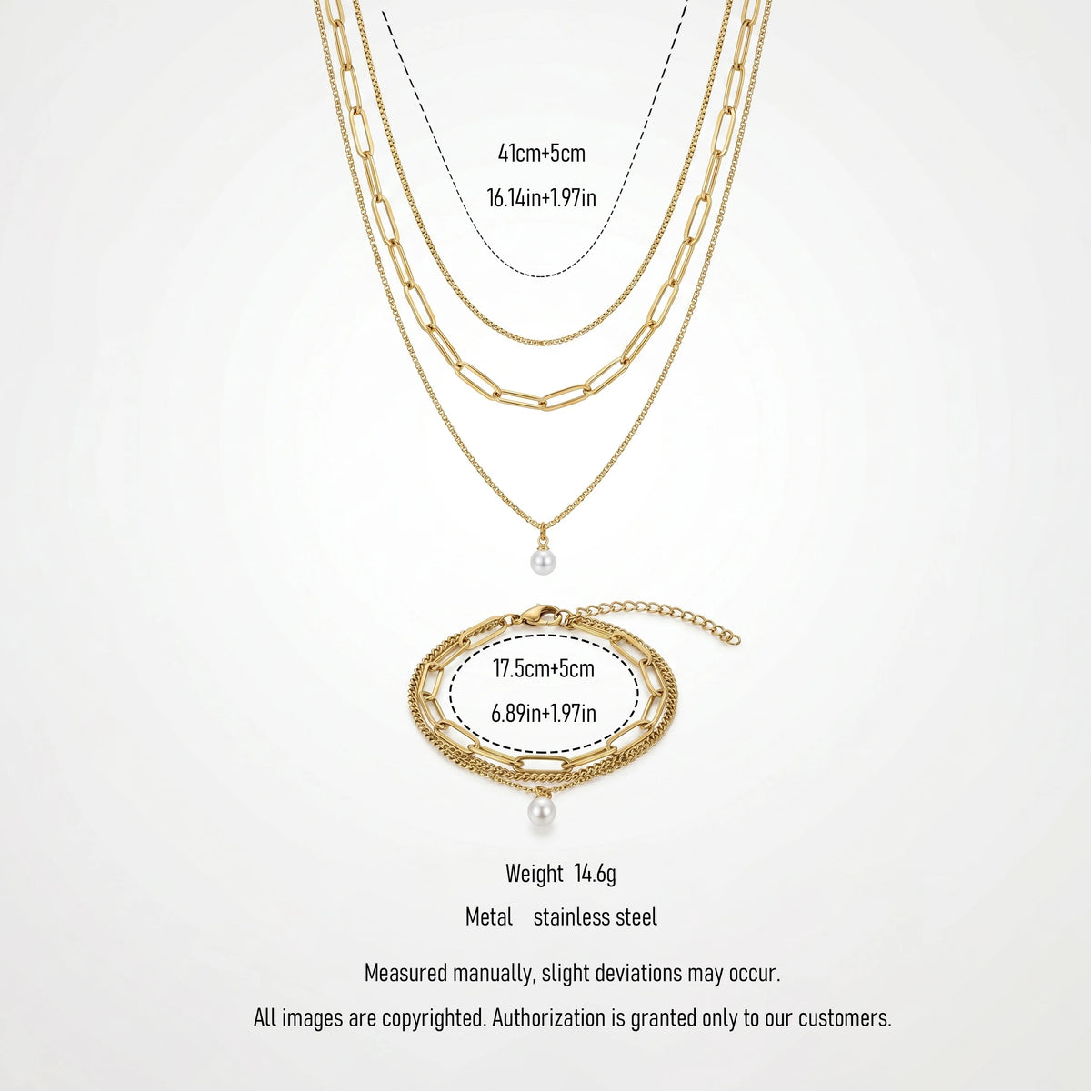 QIAOREN 11515 18K Gold Plated 3 Layered Pearl Pendant Necklace Bracelet Set Stainless Steel Tarnish Resistant
