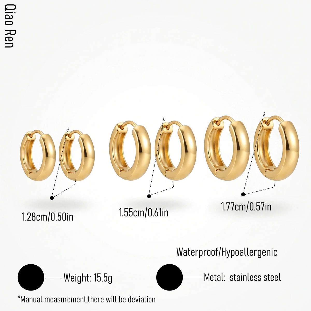 QIAOREN 14447 3 Pairs Different Size Stainless Steel Click Top Hoop Earrings, Minimalist Daily Wear Jewelry Gift