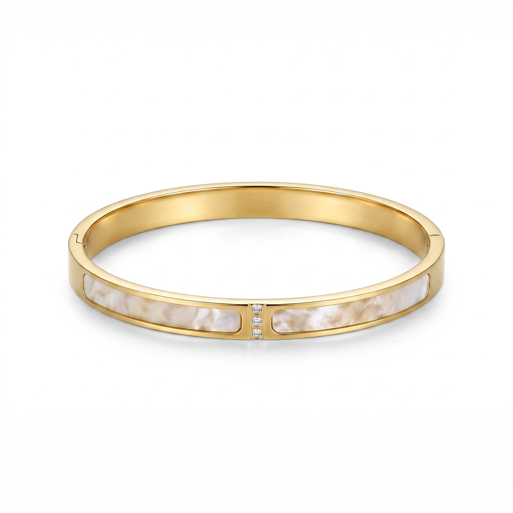 QIAOREN 13663 Flat Open Bangle Bracelet with Dual Inlaid White Mother of Pearl Panels & Three Vertical Tiny Zircon