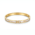 QIAOREN 13663 Flat Open Bangle Bracelet with Dual Inlaid White Mother of Pearl Panels & Three Vertical Tiny Zircon