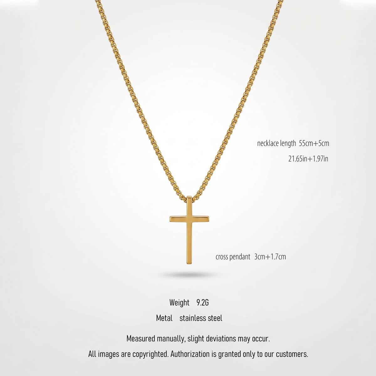 QIAOREN 10653 Trendy Minimalist Cross Pendant Box Chain Necklace 18K Gold Plated Stainless Steel Sweat-Proof Hypoallergenic