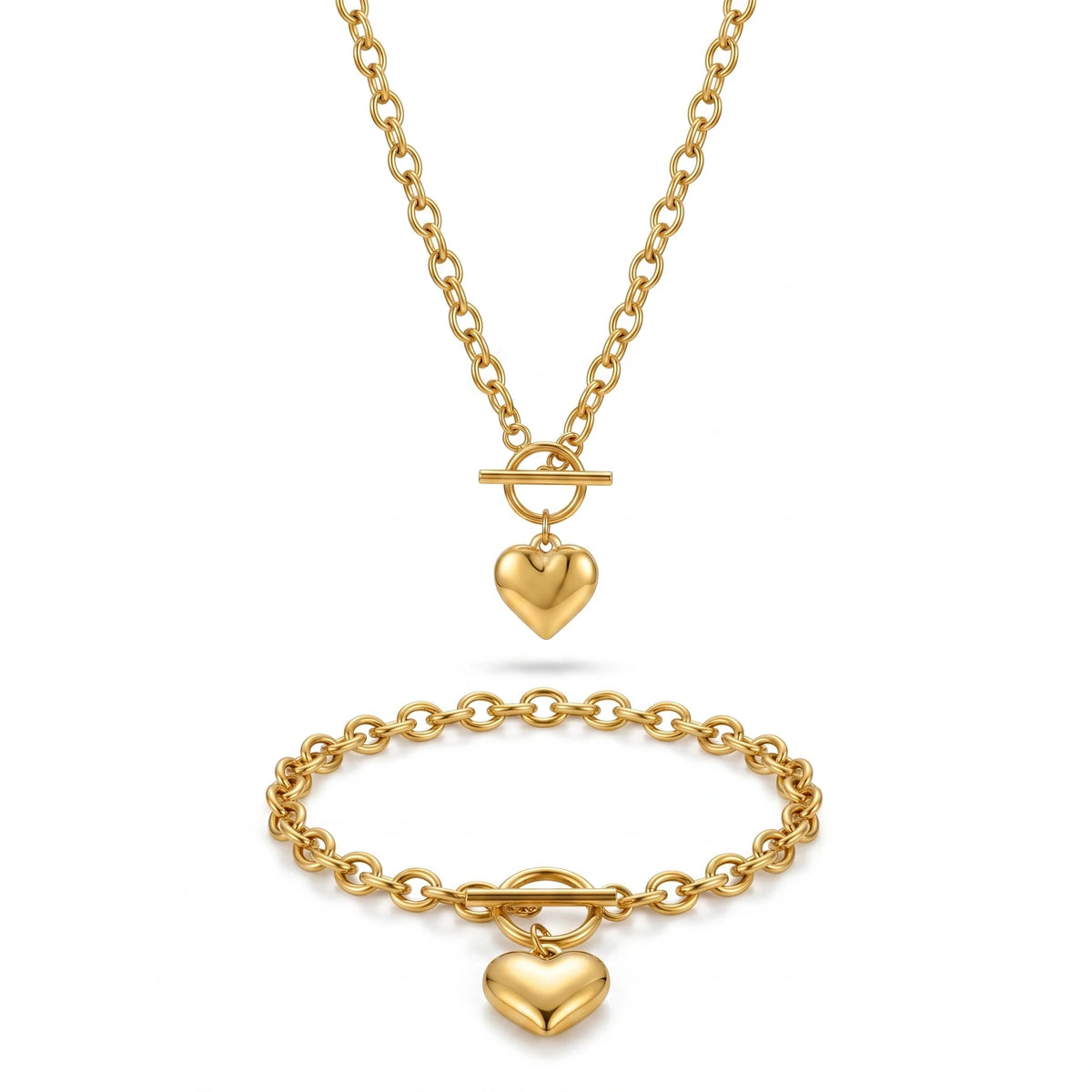 QIAOREN 10670 Trendy Heart Pendant Toggle Clasp Necklace Bracelet Set 18K Gold Stainless Steel Hypoallergenic Fashion Jewelry