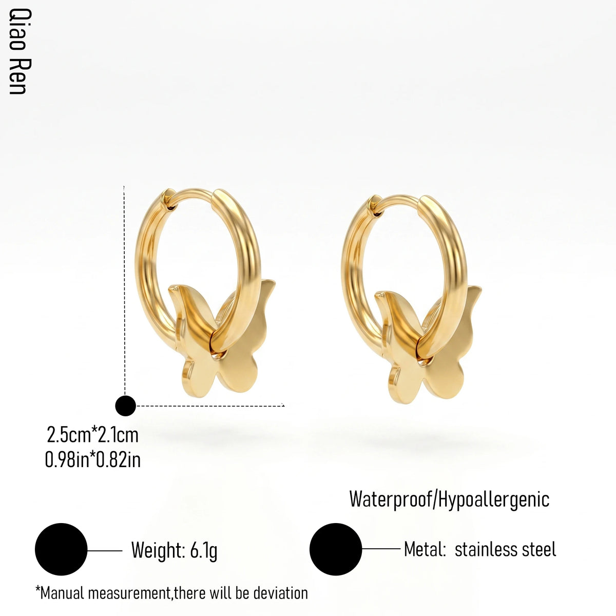 QIAOREN 14428 Butterfly Charm Huggie Hoop Earrings, Gold Plated Stainless Steel Small Hoop Earrings Jewelry Gift