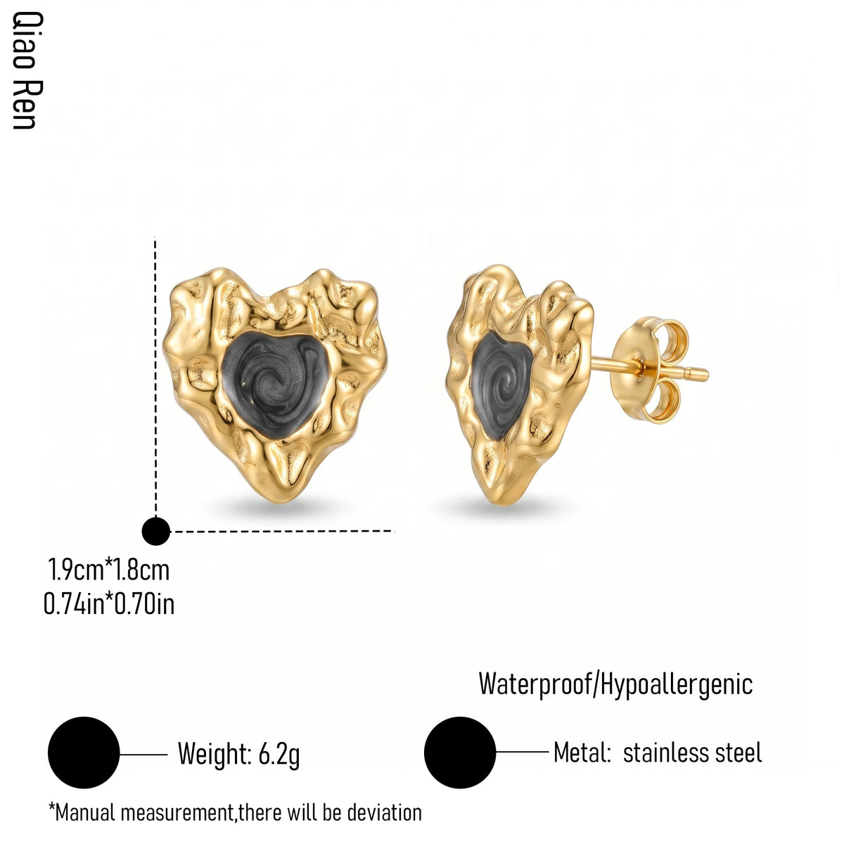 QIAOREN 14088-90 Stainless Steel Abstract Heart Stud Earrings Waterproof Hypoallergenic Gold Black Enamel Jewelry OEM ODM