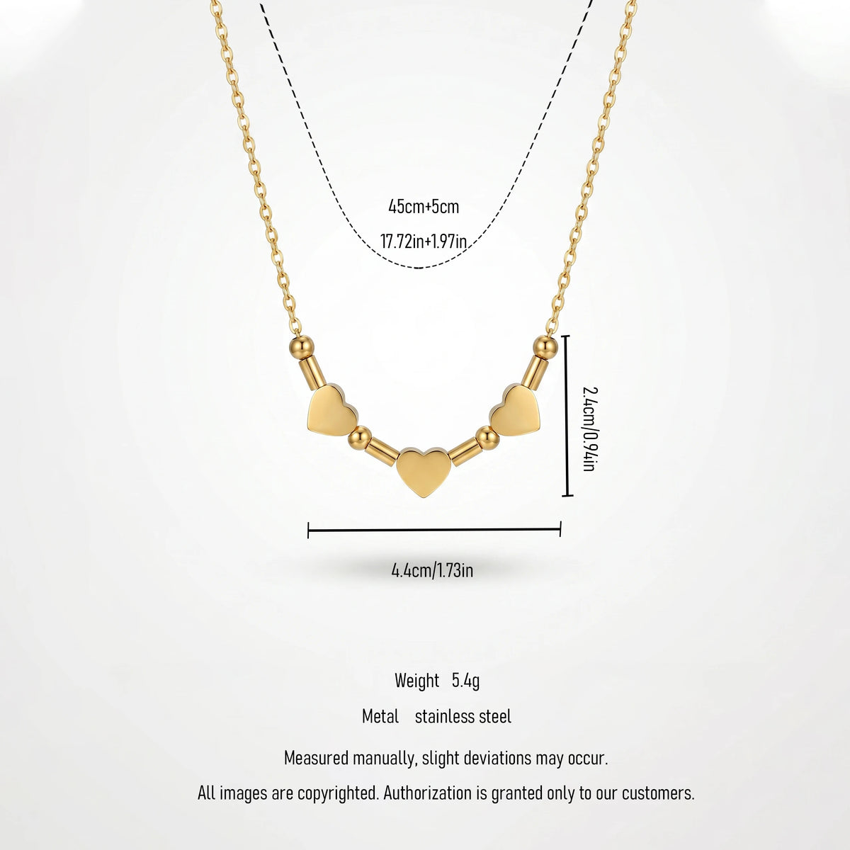 QIAOREN 11780 18K Gold Plated Stainless Steel Three Heart Beaded Bar Necklace Dainty Love Jewelry Gift for US European Women