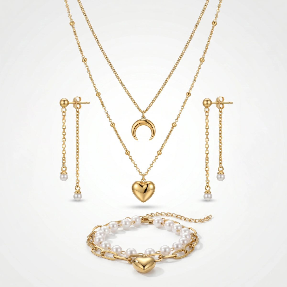 QIAOREN 11540 Romantic Pearl Tassel Moon Heart Jewelry Set 18K Gold Plated Stainless Steel for Women