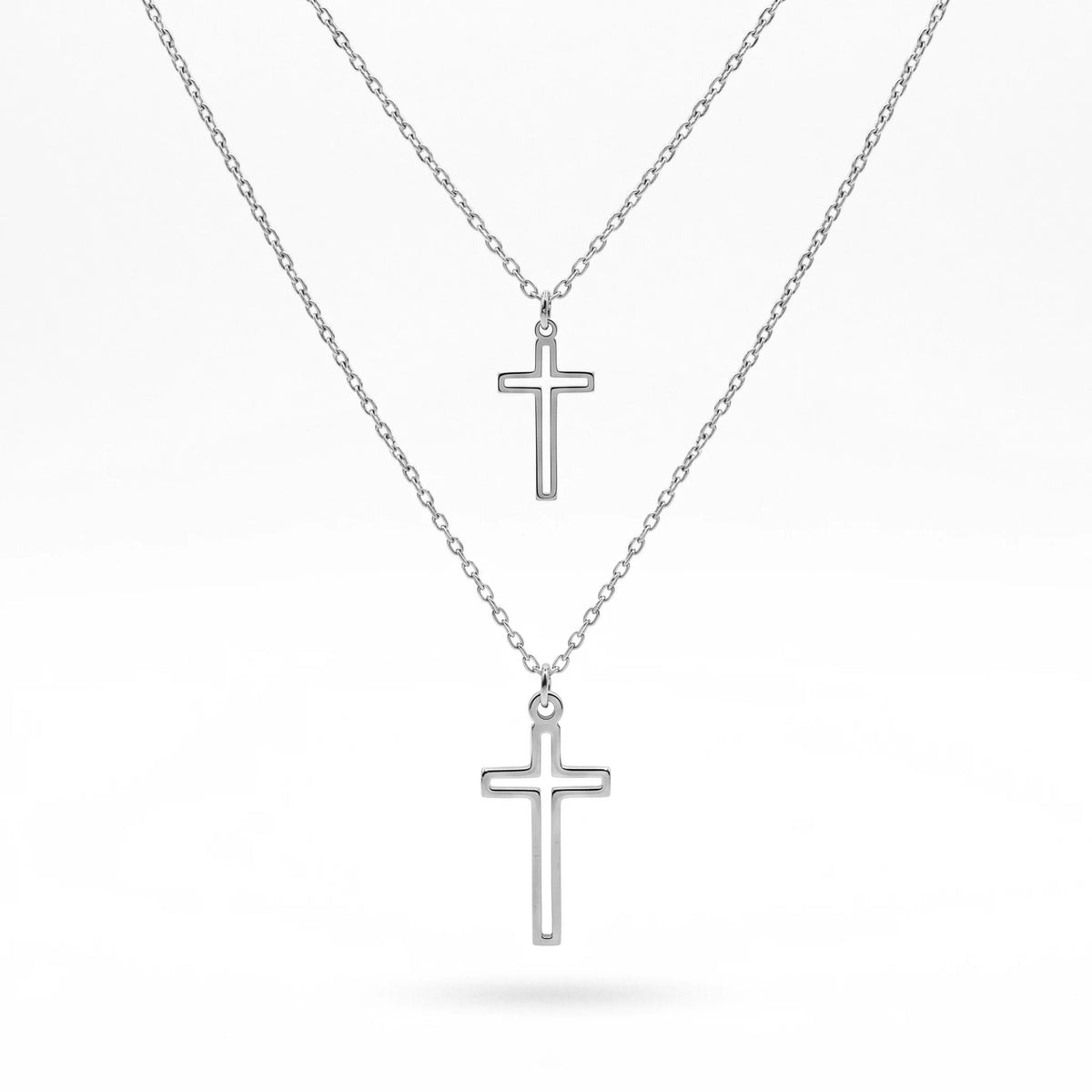QIAOREN 11973 European Hot Sell Stainless Steel Layered Open Cross Pendant Necklace Cutout Two-Tier Cross Chain Necklaces