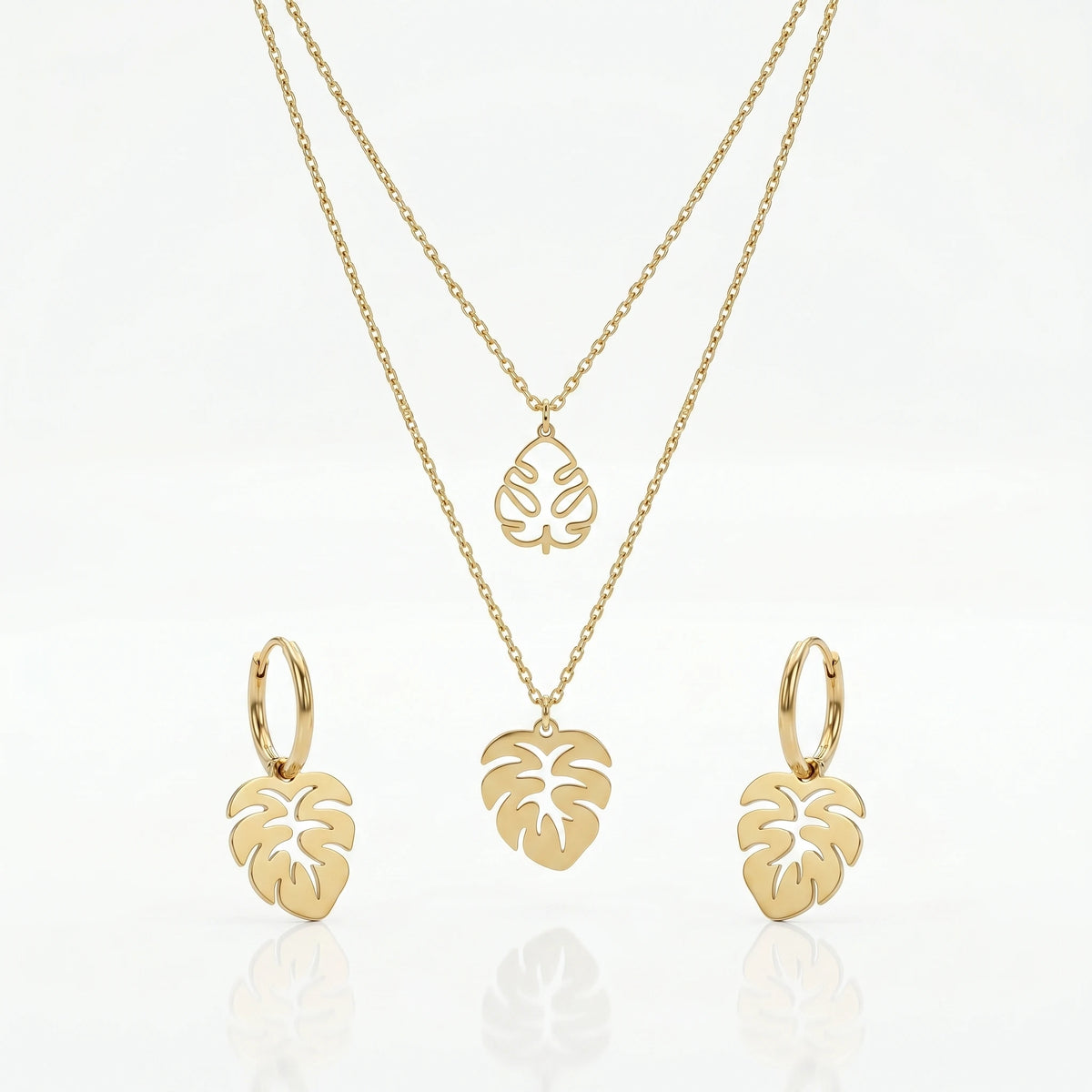 QIAOREN 11894 Waterproof Hollow Monstera Leaf Jewelry Set 18K Gold Stainless Steel 3Pcs Beach-Friendly All-Day Wear Jewelry