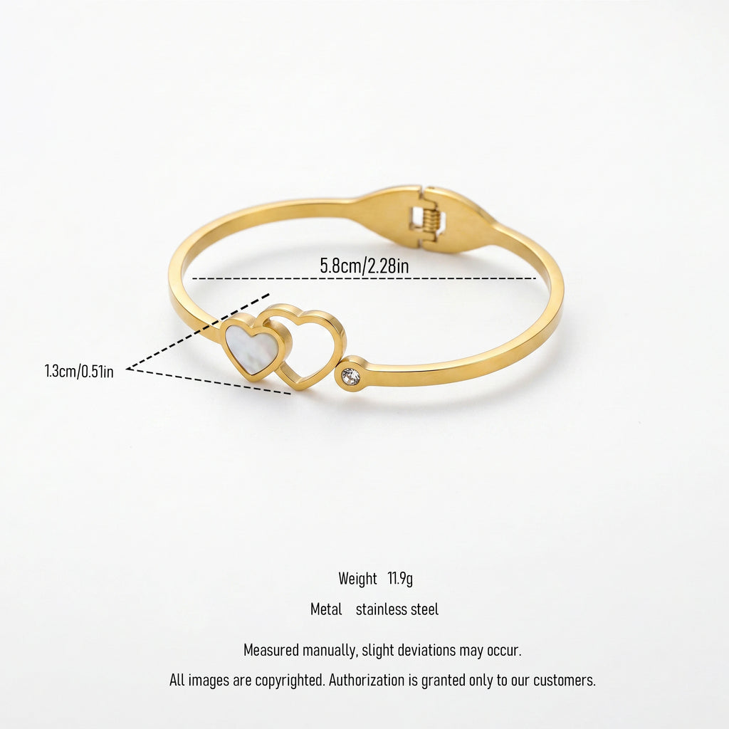 QIAOREN 13658 Spring Thin Cuff Bangle with Interlocking Double Heart Charms, Inlaid White Mother of Stone & Tiny Side Zircon