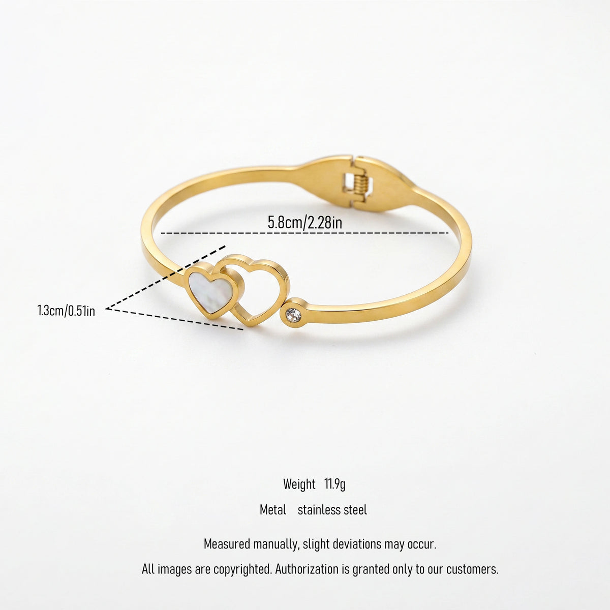 QIAOREN 13658 Spring Thin Cuff Bangle with Interlocking Double Heart Charms, Inlaid White Mother of Stone & Tiny Side Zircon