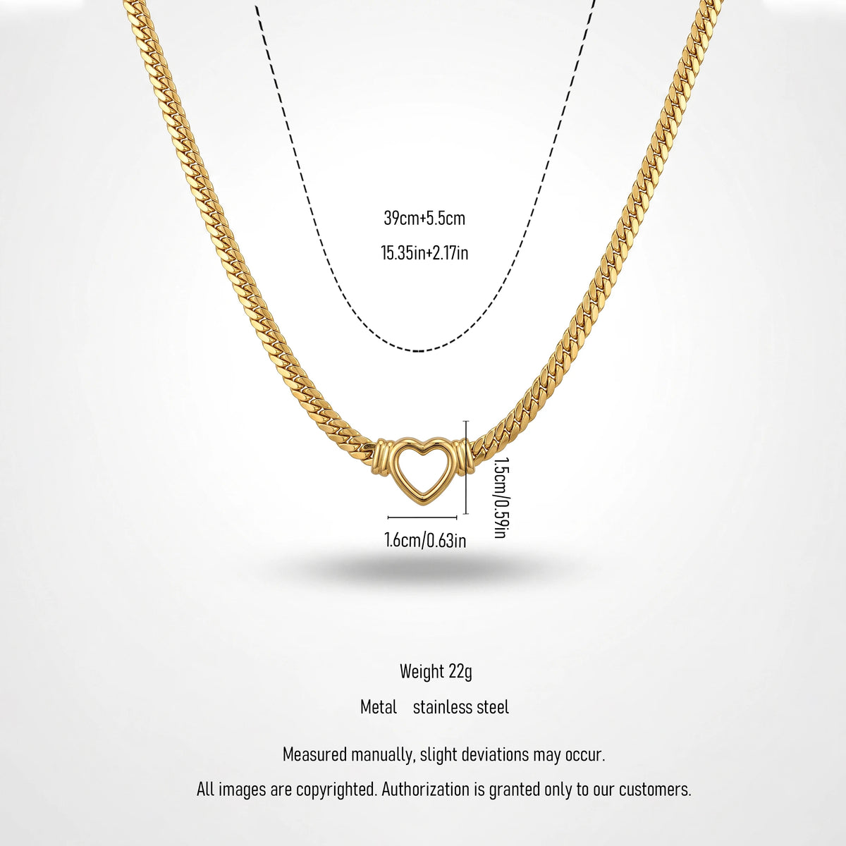 QIAOREN 13538 Chunky Flat Cuban Link Choker Necklace with Hollow Open Heart Center Charm, Polished Thick Gold Chain Necklace