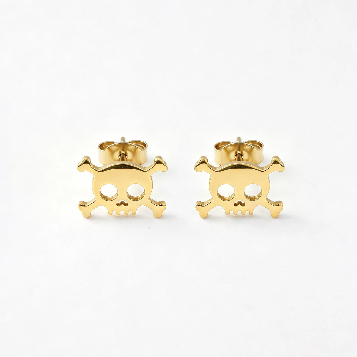 QIAOREN 11866 Edgy Gold Skull Earrings Stainless Steel Hollow Skull Crossbones Studs Halloween Jewelry Unique Gift for Women Men
