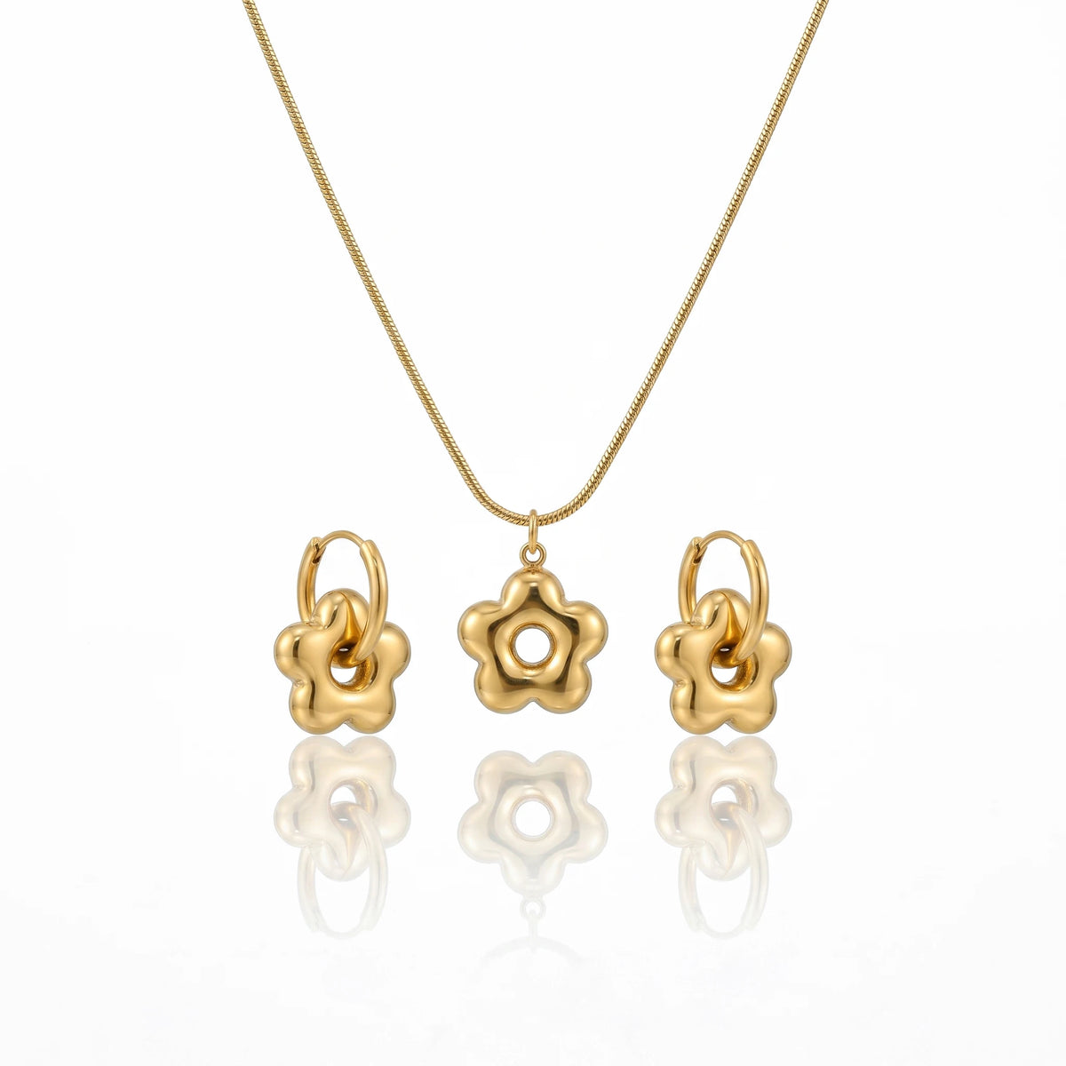 QIAOREN 12866 18K Gold Plated Puffy Flower Necklace Earrings Set, Waterproof Tarnish Free Stainless Steel Jewelry for Women