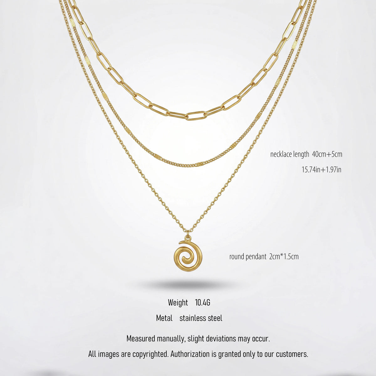 QIAOREN 10651 Bohemian Spiral Pendant Layered Link Chain Necklace 18K Gold Plated Stainless Steel Statement Everyday Wear