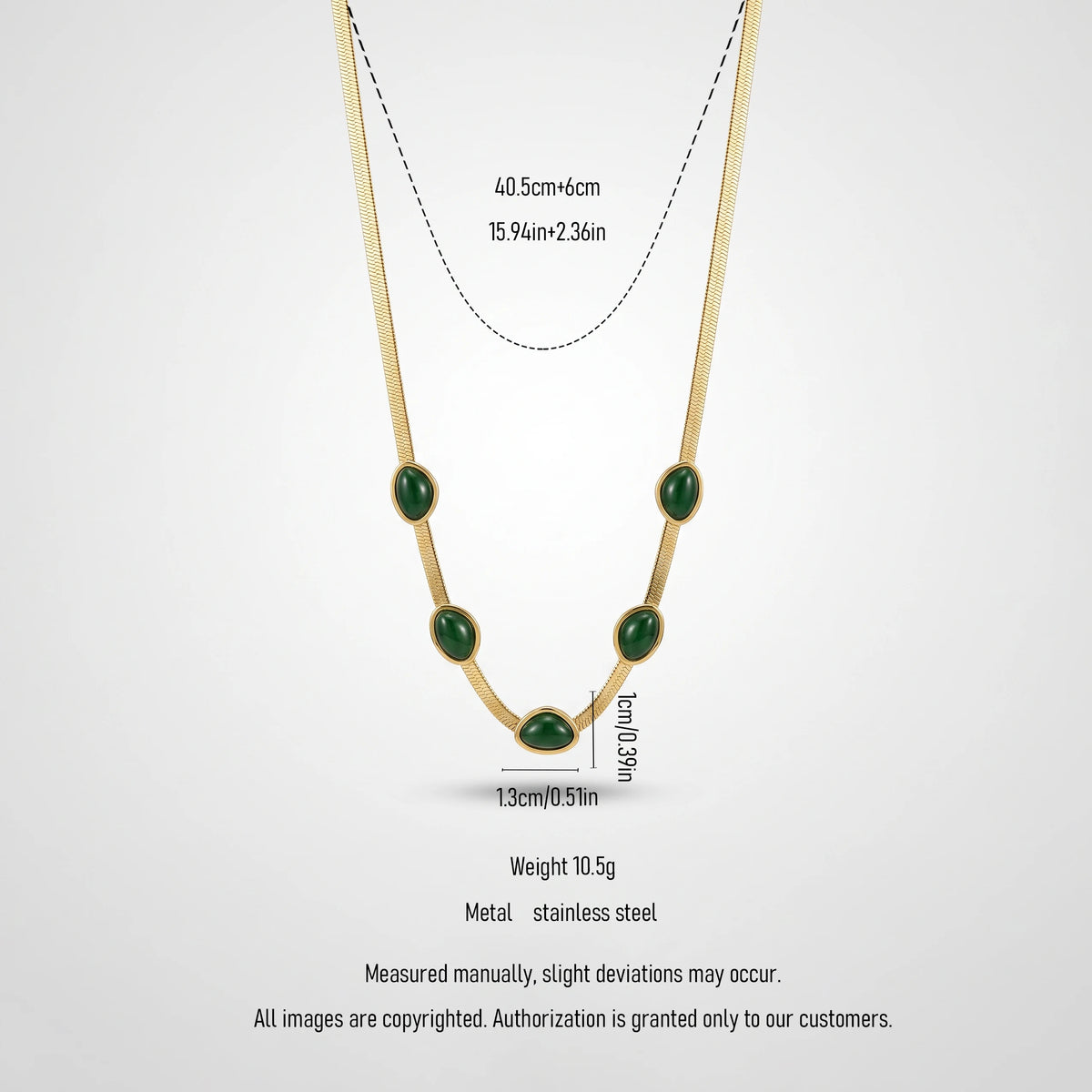 QIAOREN 13524 Flat Snake Chain Station Necklace with Five Oval Emerald Green Cabochon Stone Charms, Gold Bezel Set Natural