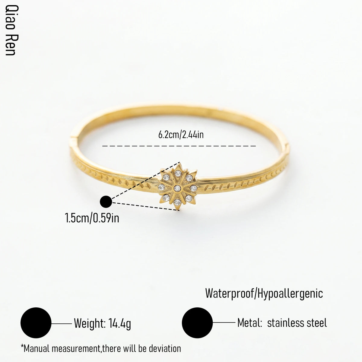 QIAOREN 14110 Stainless Steel Sunburst Hinged Bangle Bracelet Waterproof Hypoallergenic CZ Jewelry OEM ODM