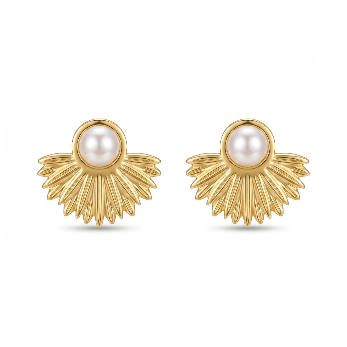 QIAOREN 12238 Art Deco Pearl Sunburst Stud Earrings Stainless Steel Gold Radiating Fan Celestial Earrings for Women US EU Hot