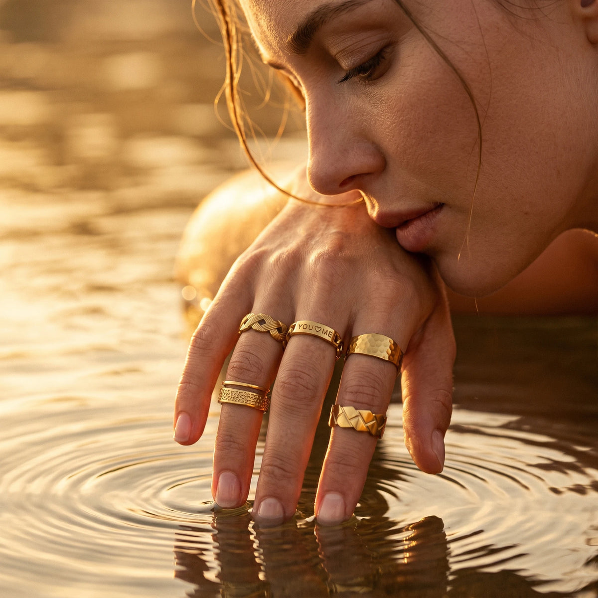 QIAOREN 10706 18K Gold Plated Stainless Steel Waterproof Open Ring Set | 5Pcs Adjustable Stackable Rings