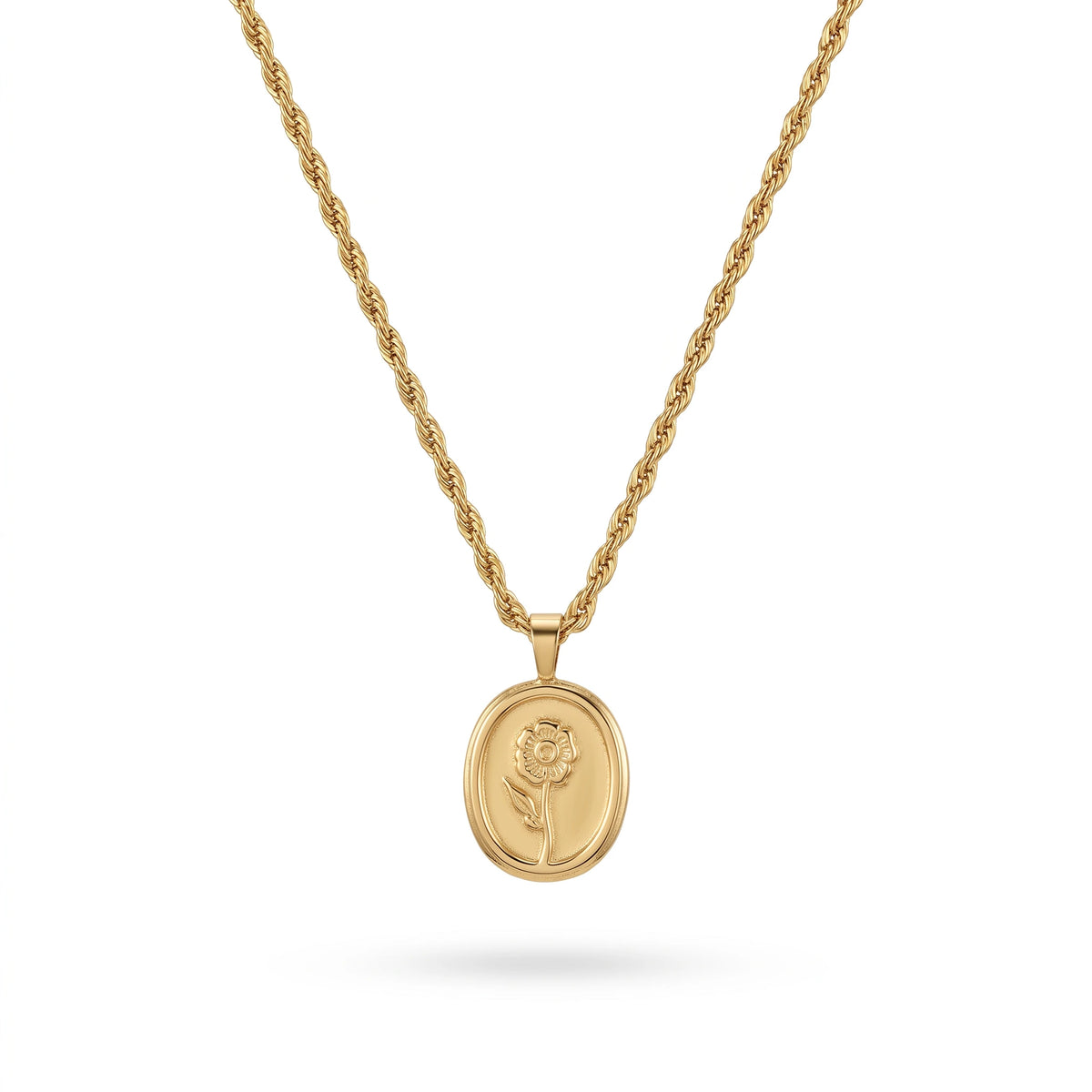 QIAOREN 13989 Twist Rope Chain Oval Embossed Flower Coin Pendant Necklace, Polished Gold Vintage Floral Medallion Collar