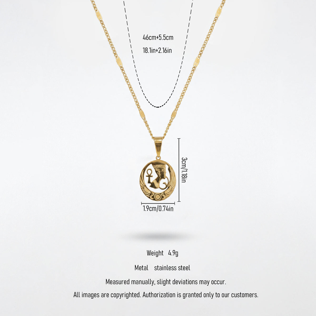 QIAOREN 11858 Trendy Egyptian Pharaoh Ankh Pendant Necklace Stainless Steel 18K Gold Plated Jewelry for Women Men US EU Hot