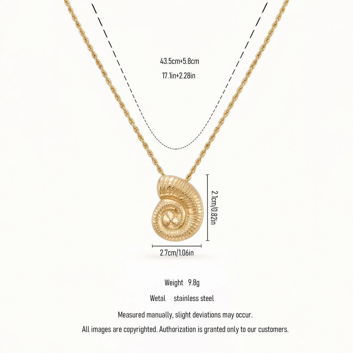 QIAOREN 11725 Retro Embossed Conch Pendant Necklace Gold Stainless Steel Twist Rope Chain Nautical Jewelry for Western Girls