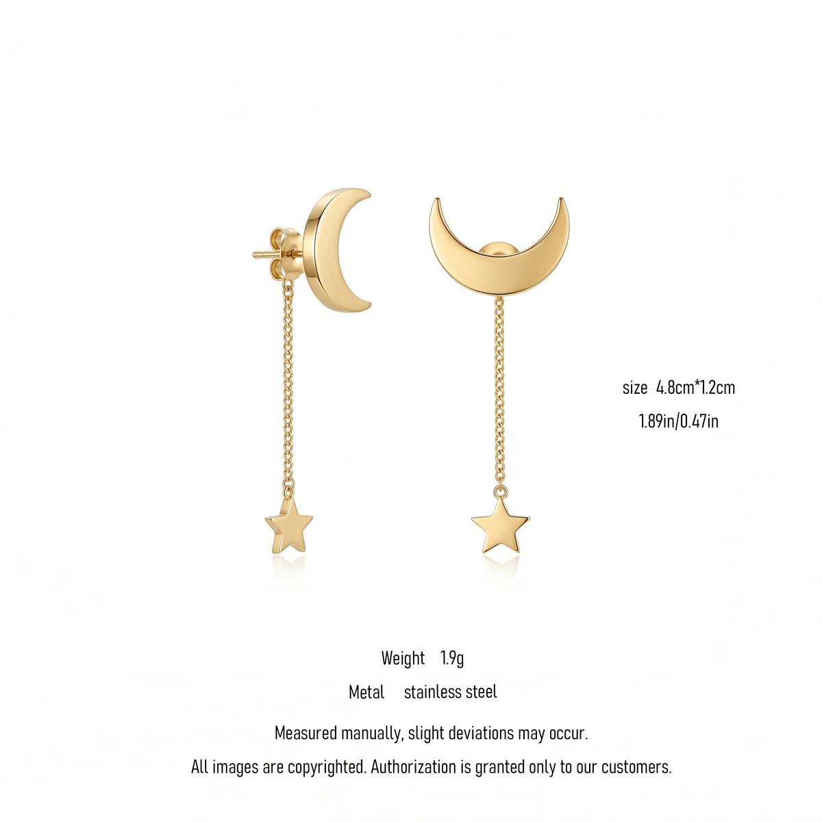 QIAOREN 10839 Dainty Moon Star Chain Drop Earrings Stainless Steel Gold Plated for Daily Wear