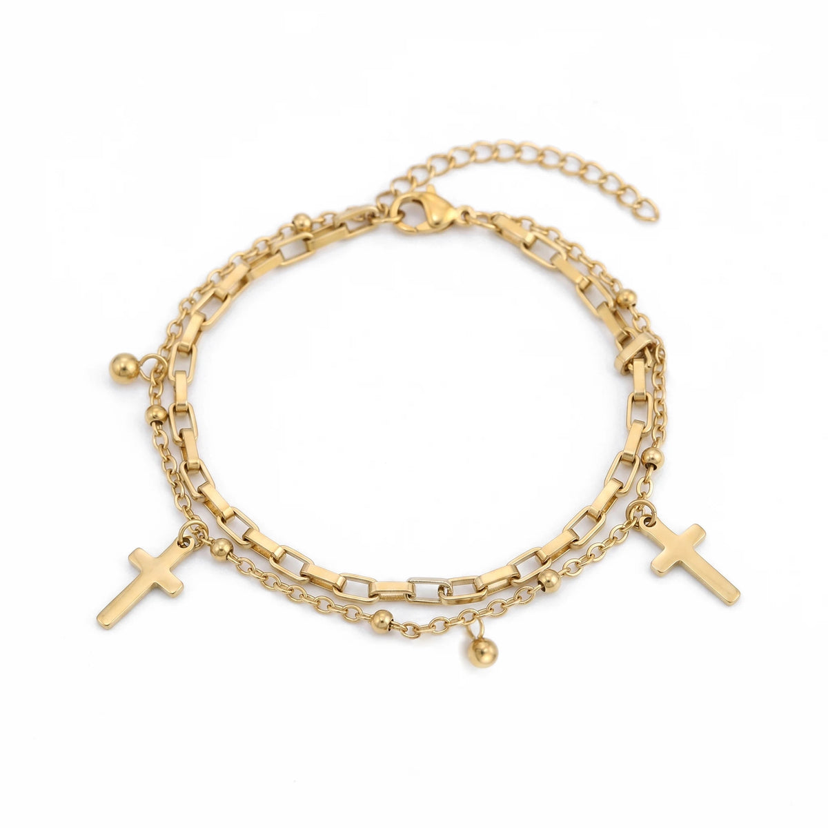 QIAOREN 11410 18K Gold Plated 2 Layered Cross & Ball Charm Bracelet Stainless Steel Tarnish Free Waterproof
